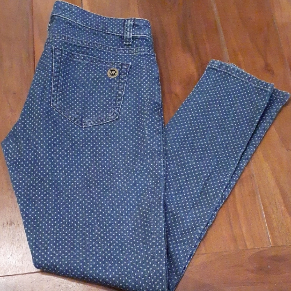 Michael Kors Skinny Denim with White Dot Pattern, Size 4.